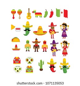 Mexico icon set. Pixel art. Old school computer graphic style. Game assets 8-bit sprite. 8 bit video game. game element.