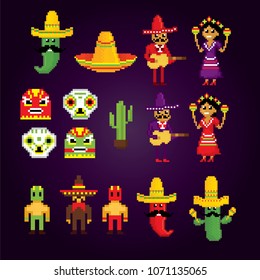 Mexico icon set. Pixel art. Old school computer graphic style. Game assets 8-bit sprite. 8 bit video game. game element.