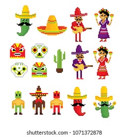 Mexico icon set. Pixel art. Old school computer graphic style. Game assets 8-bit sprite. 8 bit video game. game element.