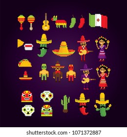 Mexico icon set. Pixel art. Old school computer graphic style. Game assets 8-bit sprite. 8 bit video game. game element.