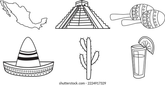Mexico Icon Sets Mexican  Teotihuacan tequila sombrero Cactus Maraca