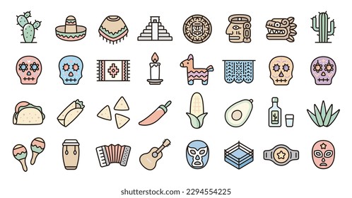 Mexico icon set(Thin line color version)