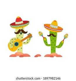 Mexico icons cactus in sombrero with guitar and maracas on white