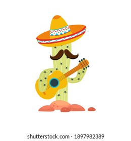 Mexico icons cactus in sombrero with guitar on white