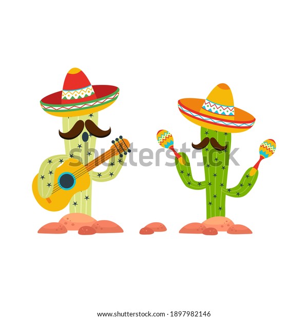 Mexico icons cactus in sombrero with guitar and\
maracas on white