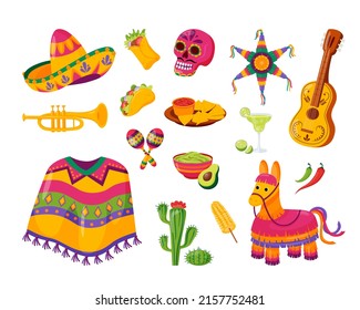 Mexico icons carnival holidays vector party festival symbols and travel design elements illustration. Mexican food and other sign. 