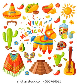 Mexico Icons Carnival Holidays Vector Party Festival Symbols And Travel Design Elements Illustration. Mexican Food And Other Sign