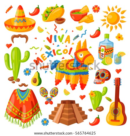 Mexico icons carnival holidays vector party festival symbols and travel design elements illustration. Mexican food and other sign