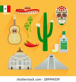 Mexico icons and flag in flat style