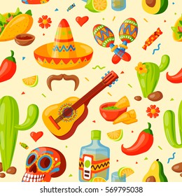 Mexico icons seamless pattern vector illustration. Traditional mexican elements background carnival or festival