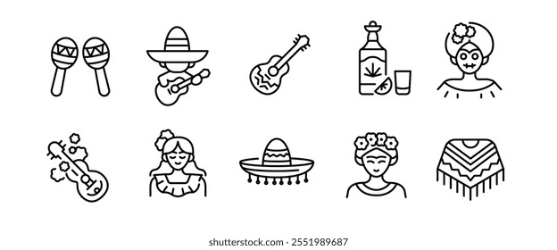 Mexico icons. Set of 10 Mexico trendy minimal icons. Example: Poncho, Margarita, Cactus, Tacos, Maya Pyramid icon. Design signs for web page, mobile app, packaging design. Vector illustration