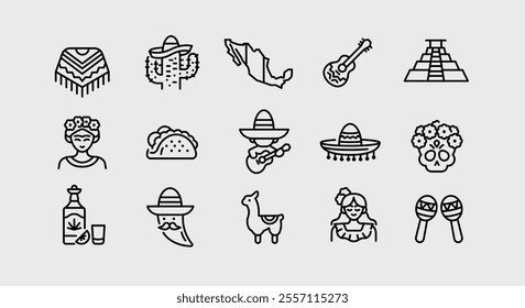 Mexico icons. Set of 15 Mexico trendy minimal icons. Example: Poncho, Margarita, Cactus, Tacos, Maya Pyramid icon. Design signs for web page, mobile app, packaging design. Vector illustration