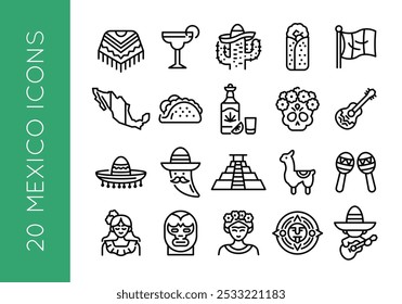 Ícones do México. Conjunto de 20 ícones mínimos da moda do México. Exemplo: Poncho, Margarita, Cactus, Tacos, ícone da Pirâmide Maya. Sinais de design para página da Web, aplicativo móvel, design de embalagem. Ilustração vetorial