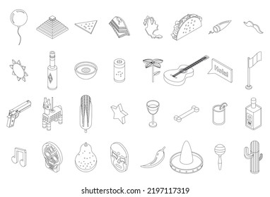 Mexico icons set. Isometric set of Mexico vector icons outline thin lne isolated on white