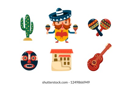Mexico icons set, Mexican cartoon symbols vector Illustration on a white background