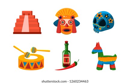 Mexico icons set, Mexican cultural symbols vector Illustration on a white background