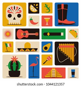 Mexico icons set. Sun, Moai pyramid, tequila, map, cactus, guitar, peyote, sombrero, chili, maracas, Mexico flag, skull. Vector Mexican poster