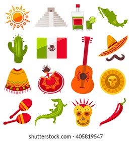 Ícones do México definidos. Sol, Moai pirâmide, tequila, mapa do México, cacto, guitarra, peyote, sombrero, bigode, poncho, dançarina, moeda, feijão, chili, crocodilo, maracas, bandeira do México. Ícones mexicanos vetoriais.