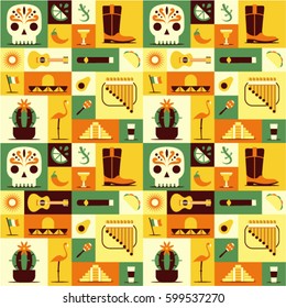 Mexico icons set. Sun, Moai pyramid, tequila, Mexico map, cactus, guitar, peyote, sombrero, chili, maracas, Mexico flag, skull. Vector Mexican poster
