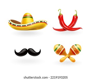 Mexico icons, Sombrero, mexican maracas, pepper and moustache. Vector.