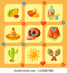 Mexico icons vector illustration traditional graphic travel tequila alcohol fiesta drink ethnicity aztec maraca sombrero.