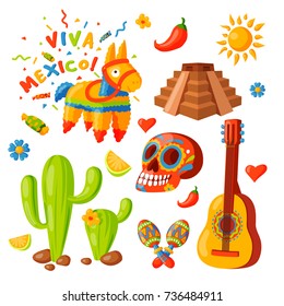 Mexico icons vector illustration traditional graphic travel tequila alcohol fiesta drink ethnicity aztec maraca sombrero.