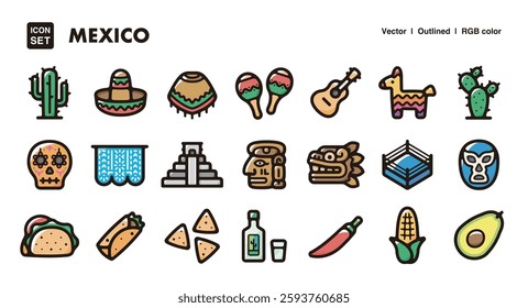 Mexico illustration icon set.Simple vector outlines, clipart for graphic design.