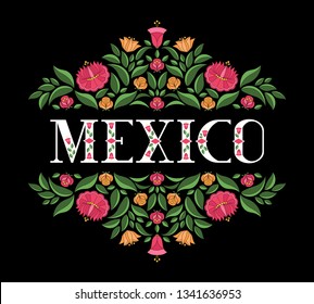 Mexico Illustration Vector. Background With Flowers Pattern From Floral Traditional Mexican Embroidery Ornament For Cinco De Mayo Or Day Of The Dead Party Design.