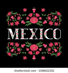 Mexico illustration vector. Background with traditional flowers pattern from mexican embroidery ornament for travel banner, tourist postcard, souvenir design, magnet.