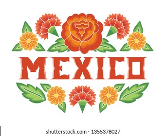 Mexico illustration vector. Background with traditional floral pattern from Tehuana Mexican flowers embroidery design.