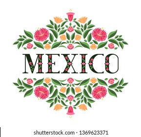 Mexico illustration vector. Background with traditional flowers pattern from floral mexican embroidery ornament for party banner, flyer, poster, cover, tourist card design.