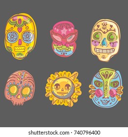 Mexico illustrations collection, colorful elements for design, skulls and masks, Vector