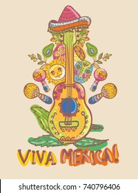 Mexico illustrations collection, colorful elements for design, guitar, lemon and masks, Vector