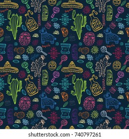Mexico illustrations collection, colorful elements for design, seamless background, pattern, Vector