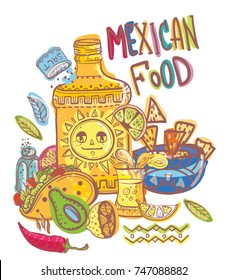 Mexico illustrations collection, colorful food elements for design, Vector