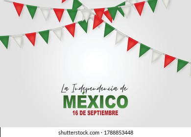 Mexico Independence Day. 16 September national holiday. Patriotic design concept. Green, white, and red Mexican bunting flags. Vector illustration.