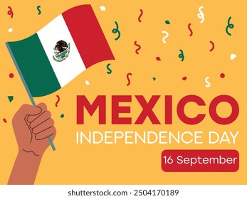 Mexico independence day 16 September, Mexico flag in hand. Greeting card, poster, banner template	