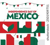 Mexico Independence Day. 16th Sept Independence day of Mexico celebration banner, social media post with its flags, abstract art decor in its flag colors. The country gained independence from spain.