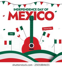 Mexico Independence Day. 16th Sept Independence day of Mexico celebration banner with its flag, mexican guitar, abstract art decor in flag colors. The country gained independence from spain in 1821.