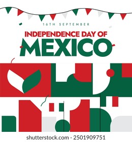 Mexico Independence Day. 16th Sept Independence day of Mexico celebration banner, social media post with its flags, abstract art decor in its flag colors. The country gained independence from spain.