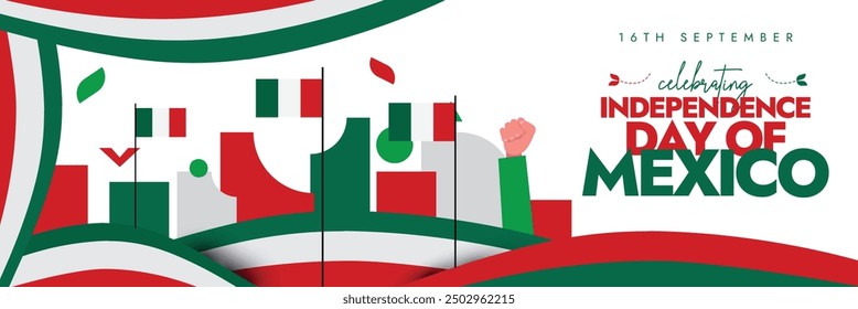 Mexico Independence Day. 16th Sept Independence day of Mexico celebration cover banner, post with its flags, hand fists, abstract art in its flag colors. The country gained independence from spain.