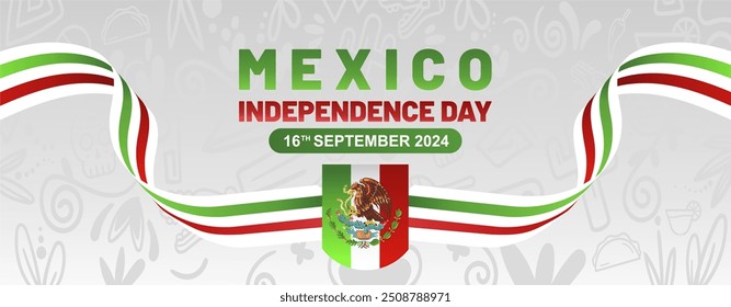 Dia da Independência do México 16 de setembro de 2024 banner com símbolo nacional e fita da bandeira. Viva México independencia 2024 ilustração vetorial, fundo, modelo, cartaz, banner. 