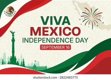 Mexico Independence Day background featuring  Mexican flag, Ángel de la Independencia, for September 16 celebrations. Perfect for social media banner, poster, and patriotic event designs.
