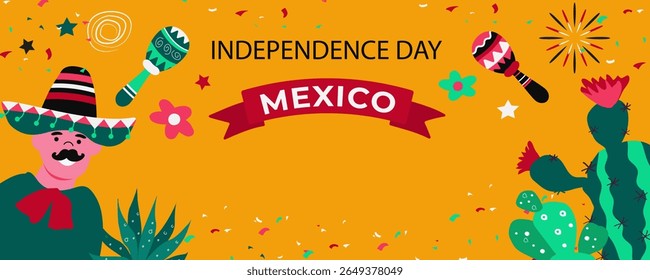 Dia da Independência do México .  Conceito de férias para 16 de setembro. Día de la Independencia de México. Banner vetorial em estilo plano. 