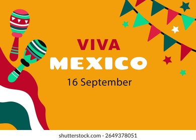 Dia da Independência do México .  Conceito de férias para 16 de setembro. Día de la Independencia de México. Banner vetorial em estilo plano. 
