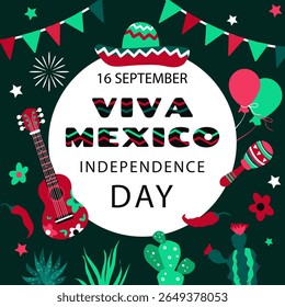 Mexico Independence Day background .  Holiday concept  for 16 september. Día de la Independencia de México. Vector banner in flat style. 