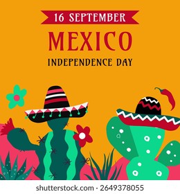 Dia da Independência do México .  Conceito de férias para 16 de setembro. Día de la Independencia de México. Banner vetorial em estilo plano. 