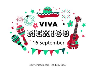 Dia da Independência do México .  Conceito de férias para 16 de setembro. Día de la Independencia de México. Banner vetorial em estilo plano. 
