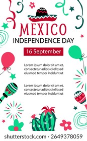 Dia da Independência do México .  Conceito de férias para 16 de setembro. Día de la Independencia de México. Banner vetorial em estilo plano. 