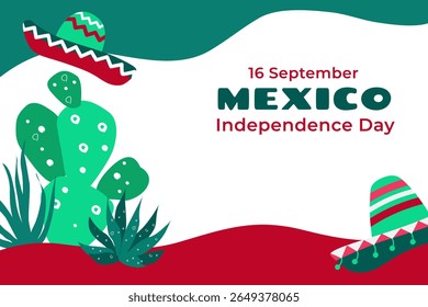 Dia da Independência do México .  Conceito de férias para 16 de setembro. Día de la Independencia de México. Banner vetorial em estilo plano. 